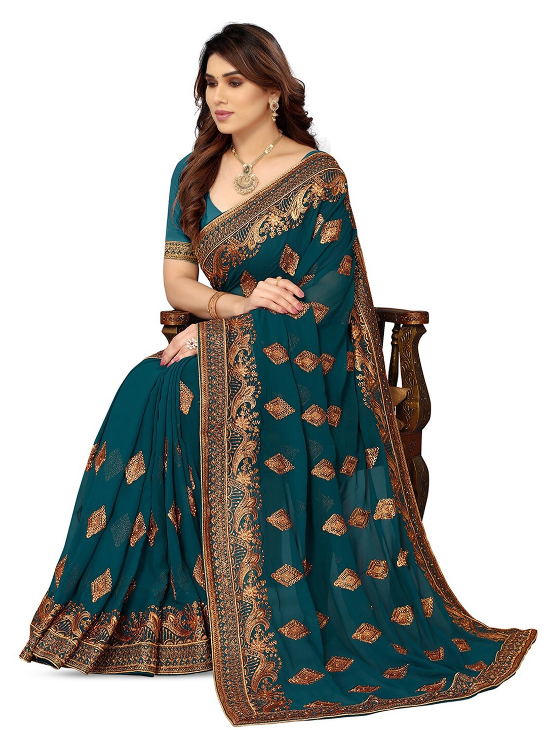 

DIVASTRI Floral Embroidered Pure Georgette Heavy Work Saree, Teal