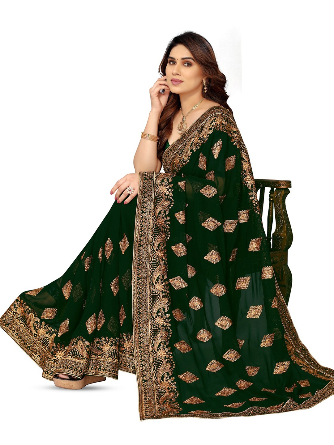 

DIVASTRI Embellished Beads & Stones Pure Georgette Heavy Work Saree, Green