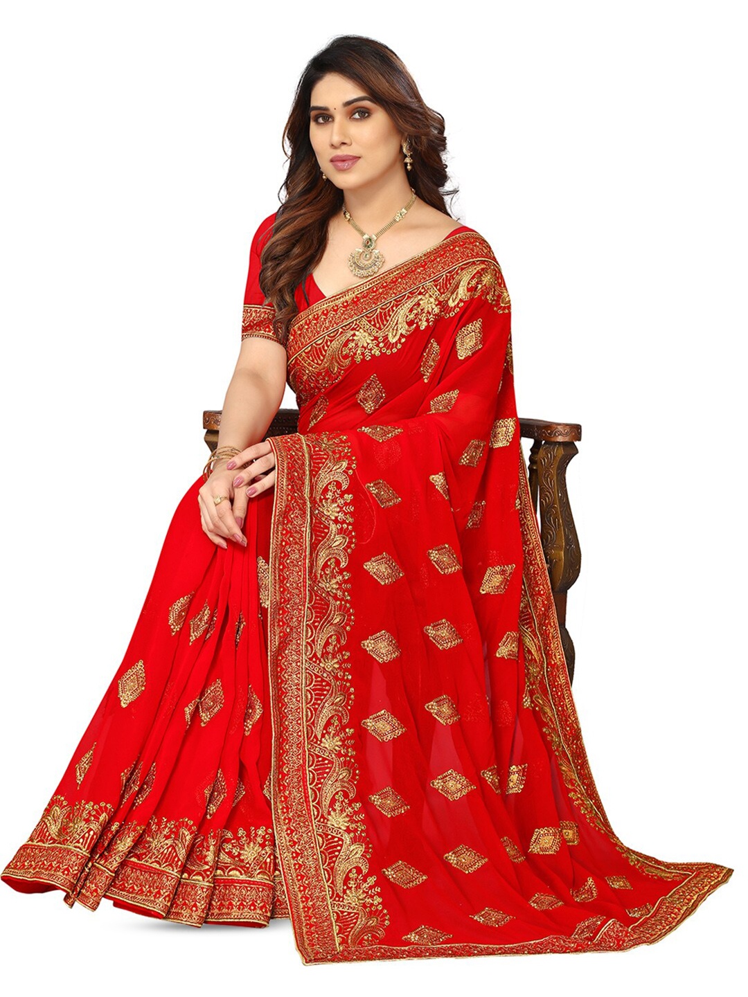 

DIVASTRI Floral Embroidered Pure Georgette Heavy Work Saree, Red