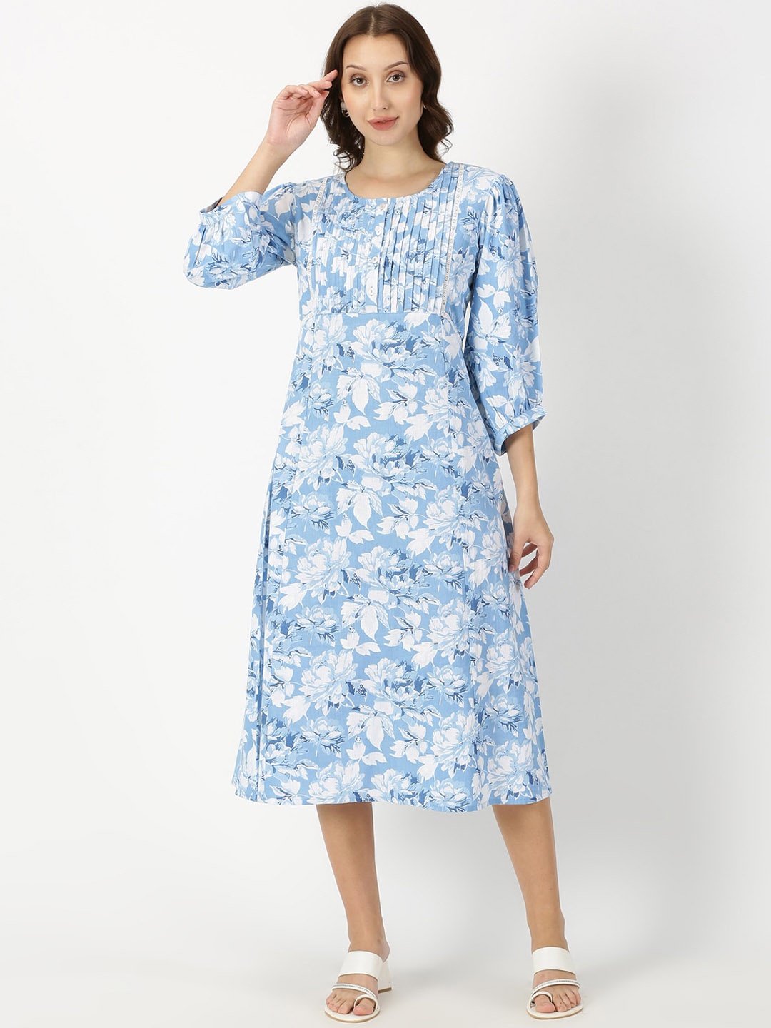 

Saffron Threads Floral Printed Cotton Linen A-Line Midi Ethnic Dress with Pintucks, Blue