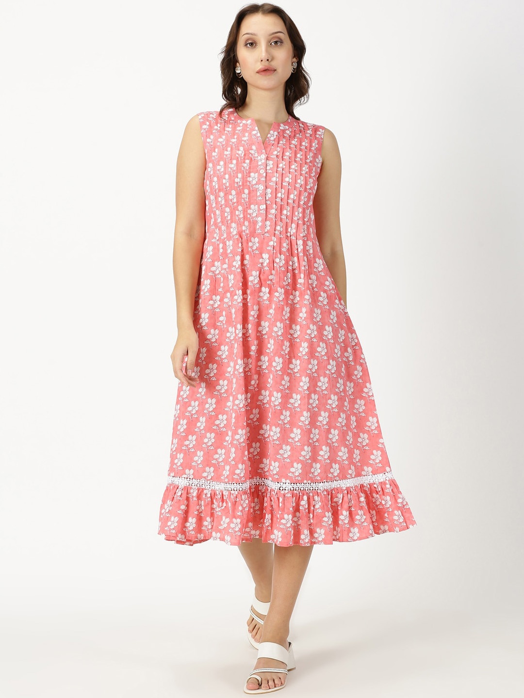 

Saffron Threads Floral Print Pure Cotton A-Line Midi Ethnic Dress with Pintuck Detail, Coral