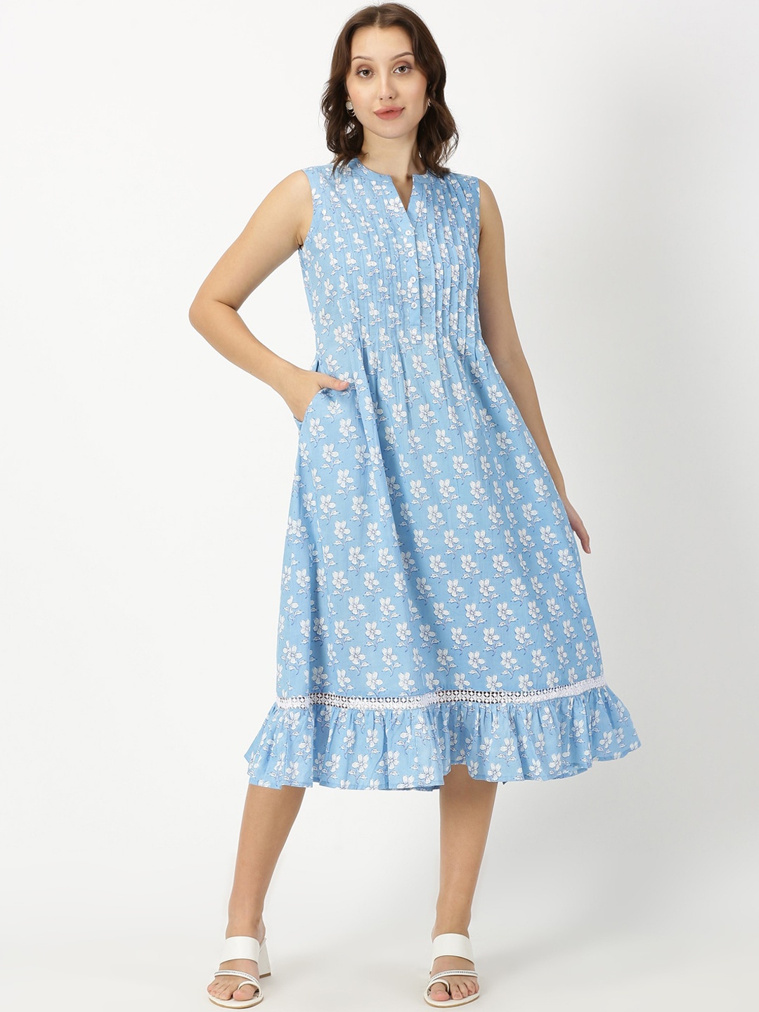 

Saffron Threads Floral Printed Pure Cotton Midi Ethnic Dress with Pintuck Detail, Blue