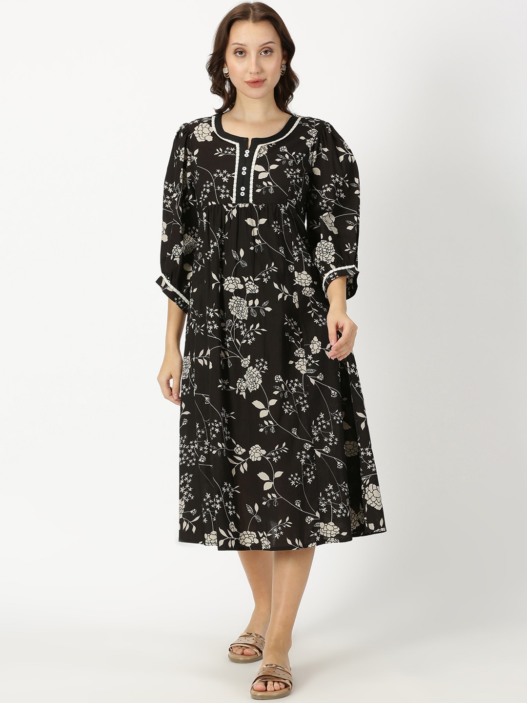 

Saffron Threads Floral Printed Pure Cotton A-Line Midi Ethnic Dress With Crochet Lace, Black