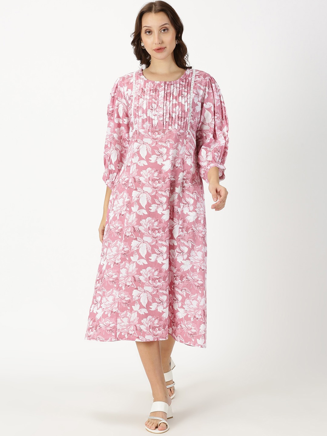 

Saffron Threads Floral Print Cotton Linen A-Line Midi Ethnic Dress with Pintuck Detail, Pink