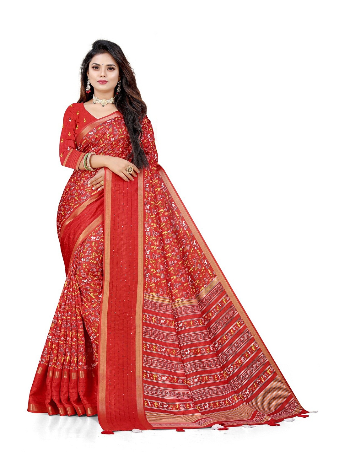 

Pemal Designer Warli Printed Woven Design Zari Saree, Red