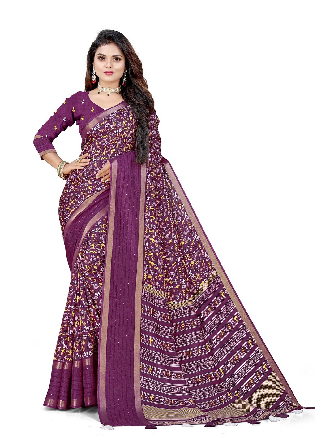 

Pemal Designer Warli Printed Woven Design Zari Saree, Purple