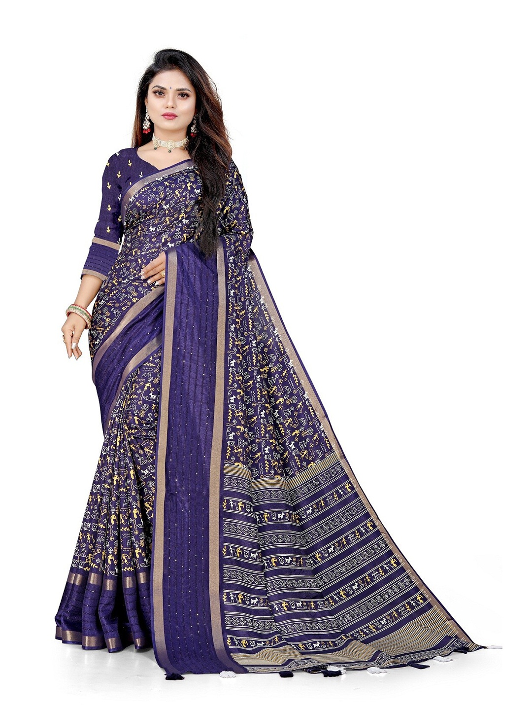 

Pemal Designer Warli Printed Woven Design Zari Saree, Navy blue