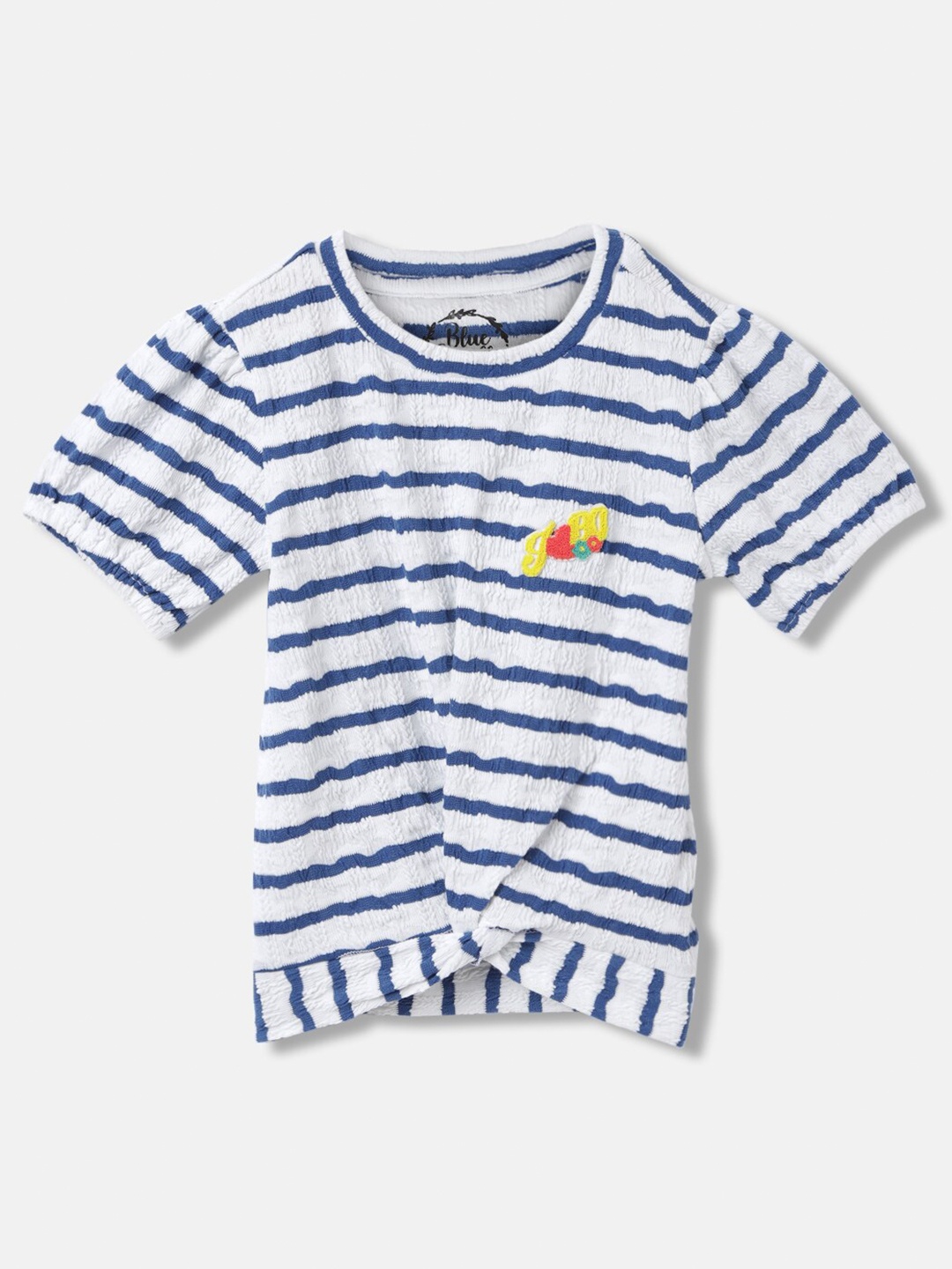 

Blue Giraffe Girls Striped Round Neck Cotton T-shirt, White