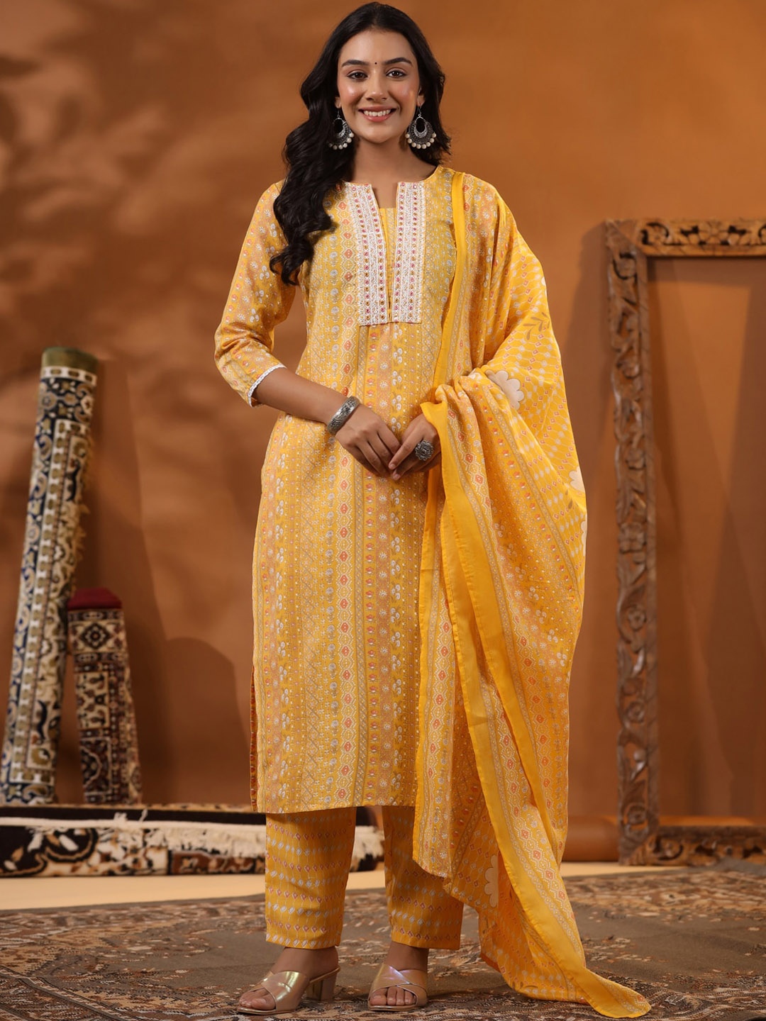 

FASHOR Ethnic Motifs Printed Mirror Work Pure Cotton Kurta with Trousers & Dupatta, Yellow