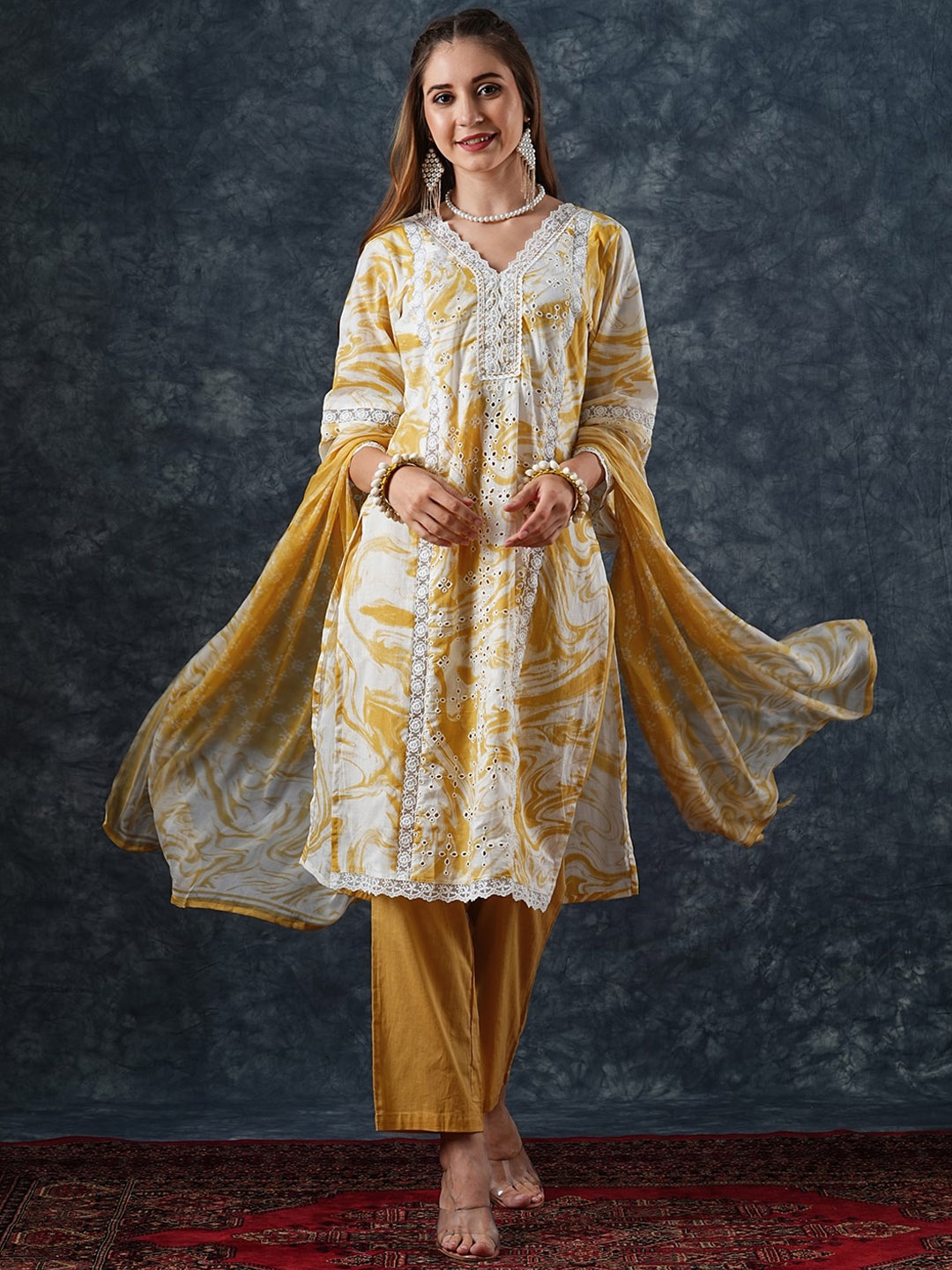 

FASHOR Floral Printed Thread Work Pure Cotton Kurta with Trousers & Dupatta, Yellow