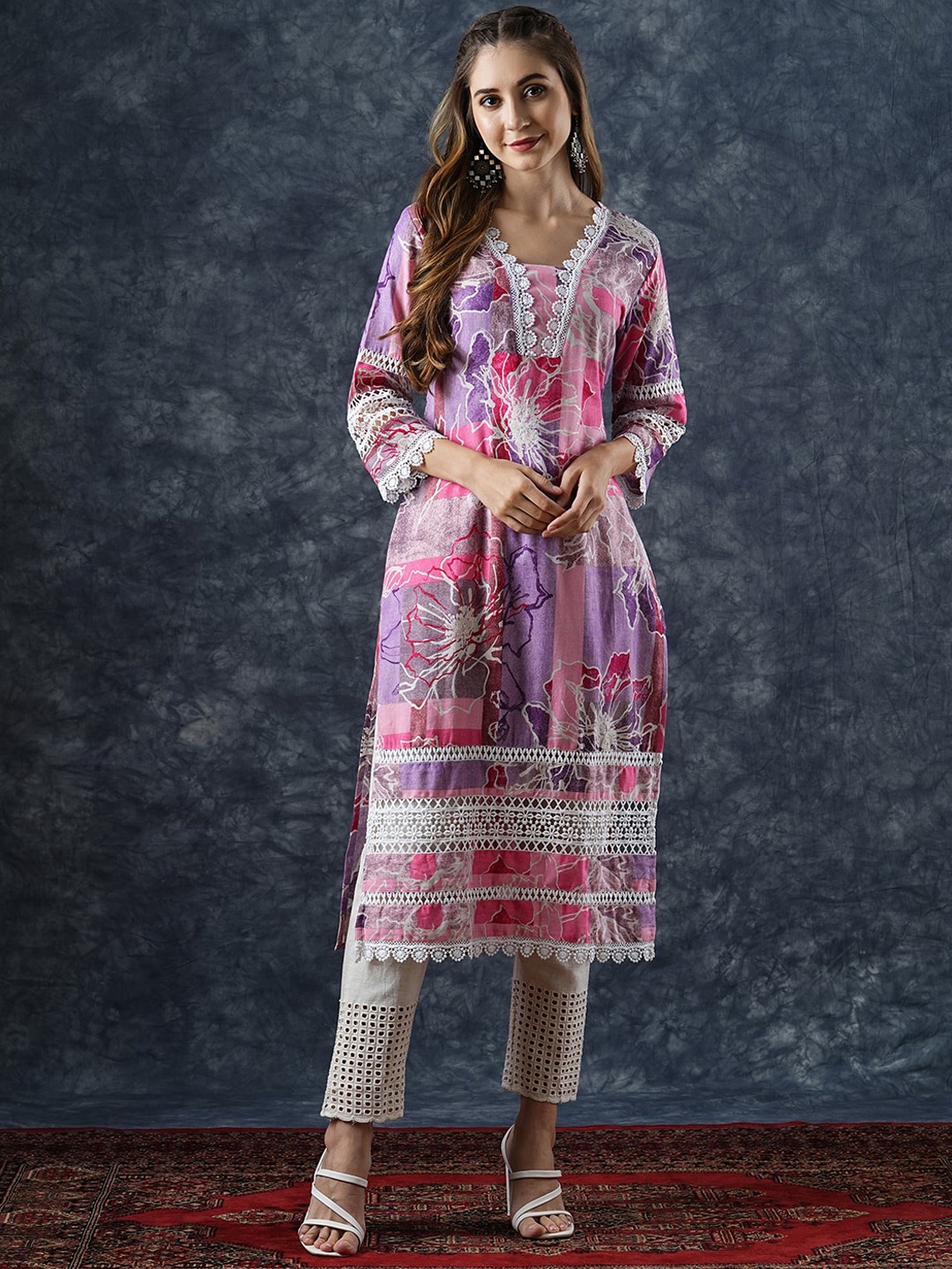

FASHOR Floral Printed Cotton Straight Kurta, Pink