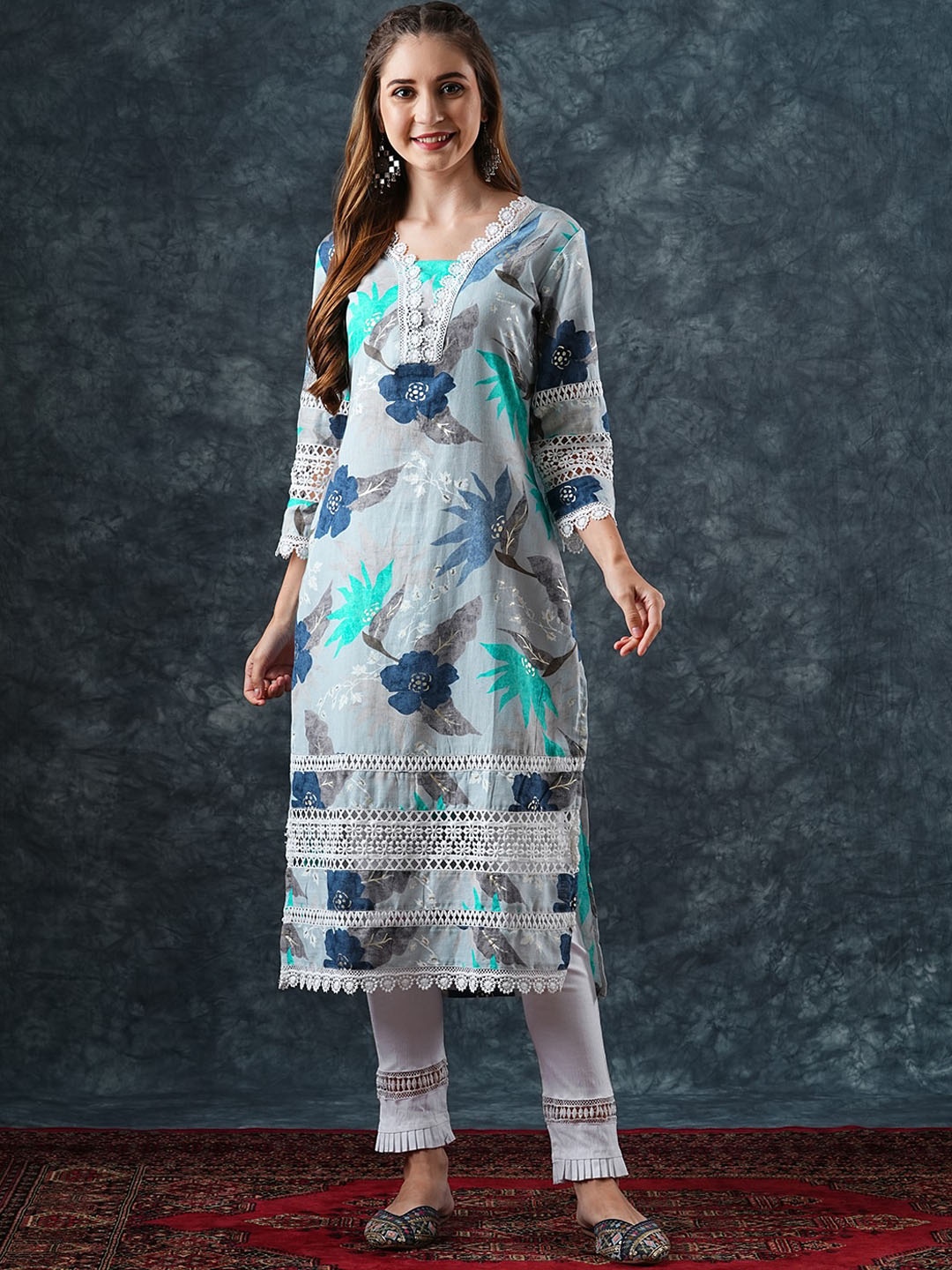 

FASHOR Floral Printed Pure Cotton Lace Kurta, Grey