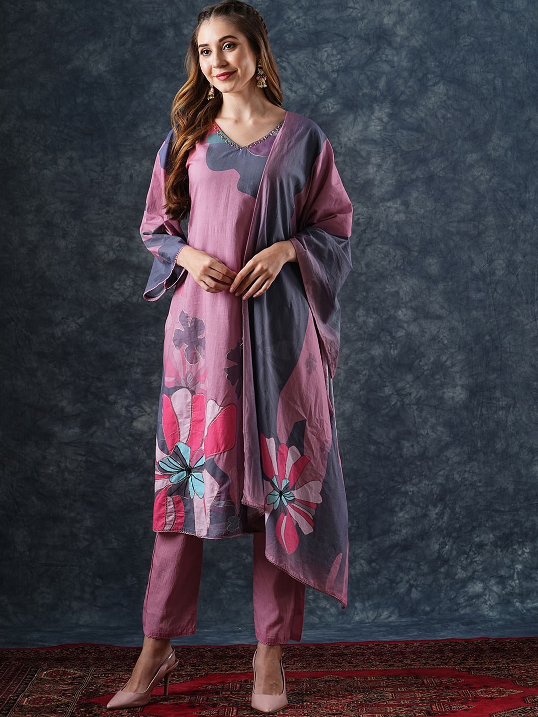 

FASHOR Abstract Printed Zari Pure Cotton Kurta with Trousers & Dupatta, Pink