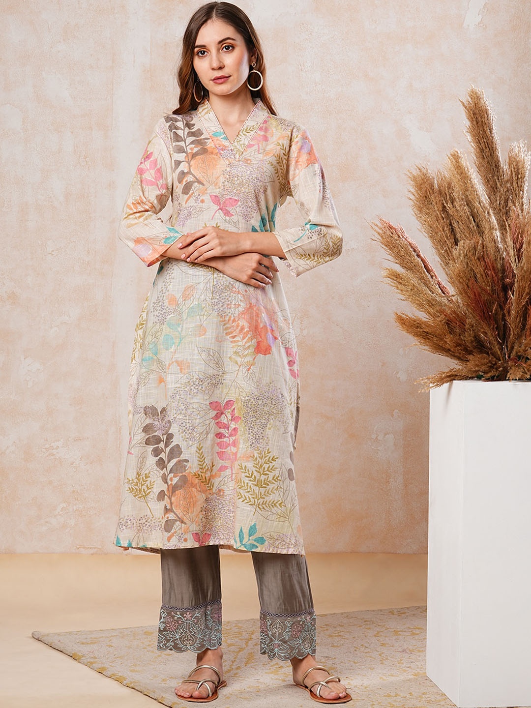

FASHOR Floral Printed Sequined Pure Cotton Straight Kurta, Cream
