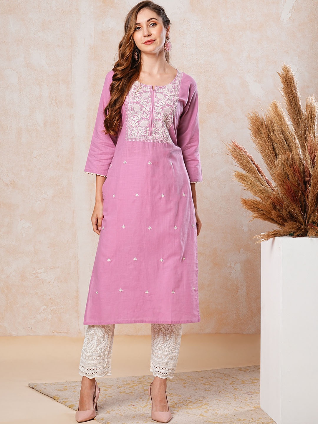 

FASHOR Ethnic Motifs Yoke Design Sequined Straight Pure Cotton Kurta, Pink