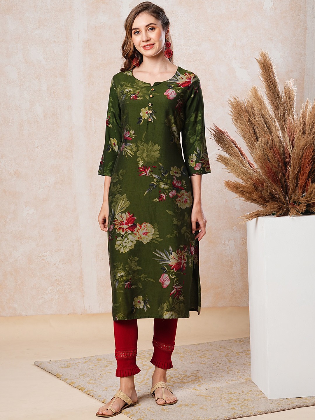 

FASHOR Floral Printed Straight Kurta, Green