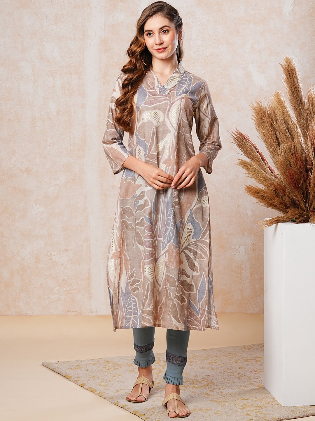 

FASHOR Floral Printed Sequined Pure Cotton Straight Kurta, Beige
