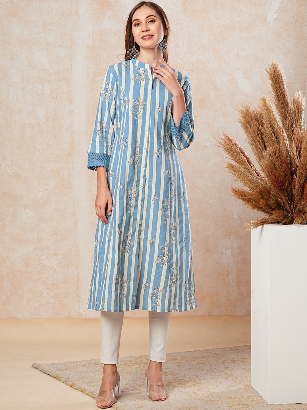 

FASHOR Striped Mandarin Collar Pure Cotton A-Line Kurta, Blue