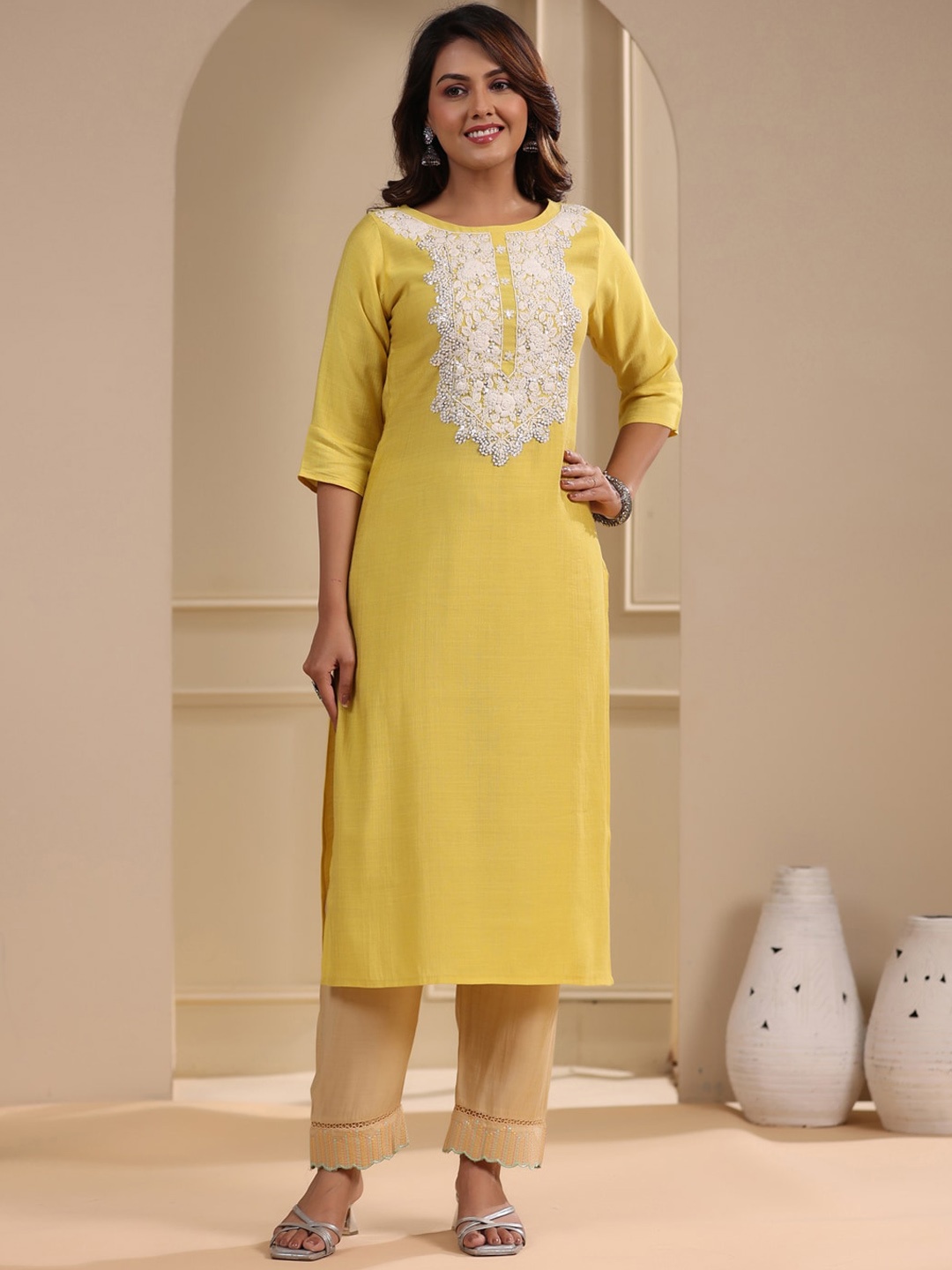 

FASHOR Women Embroidered Thread Work Kurta, Yellow