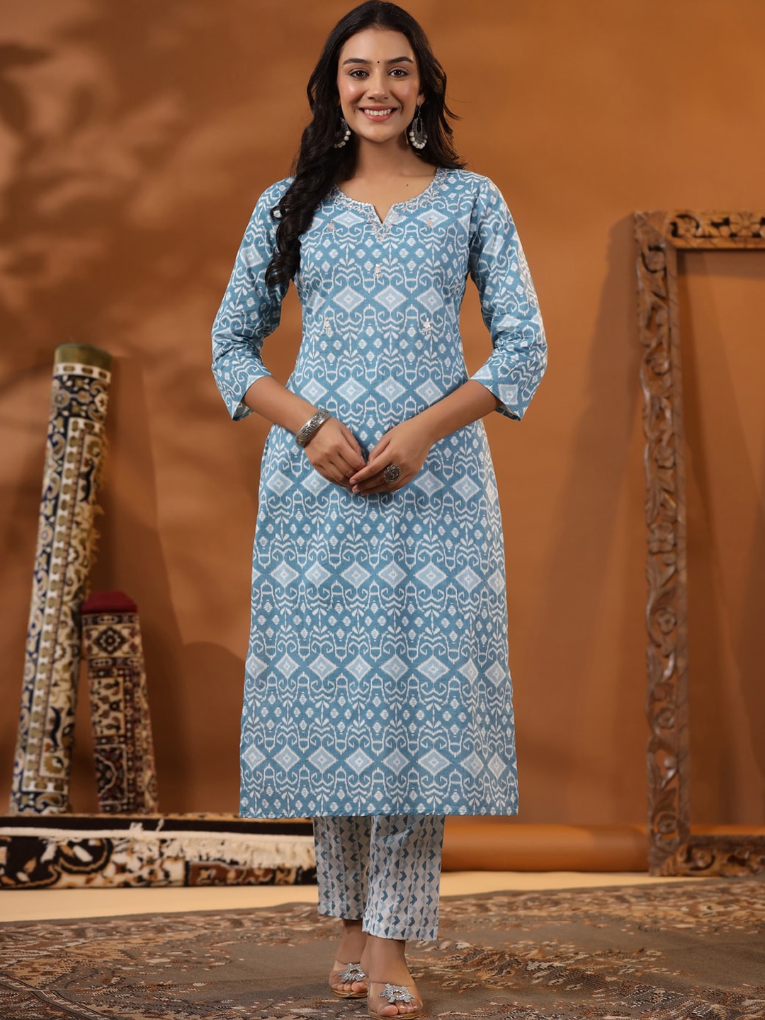 

FASHOR Ethnic Motifs Printed Mirror Work Pure Cotton Kurta with Trousers, Blue