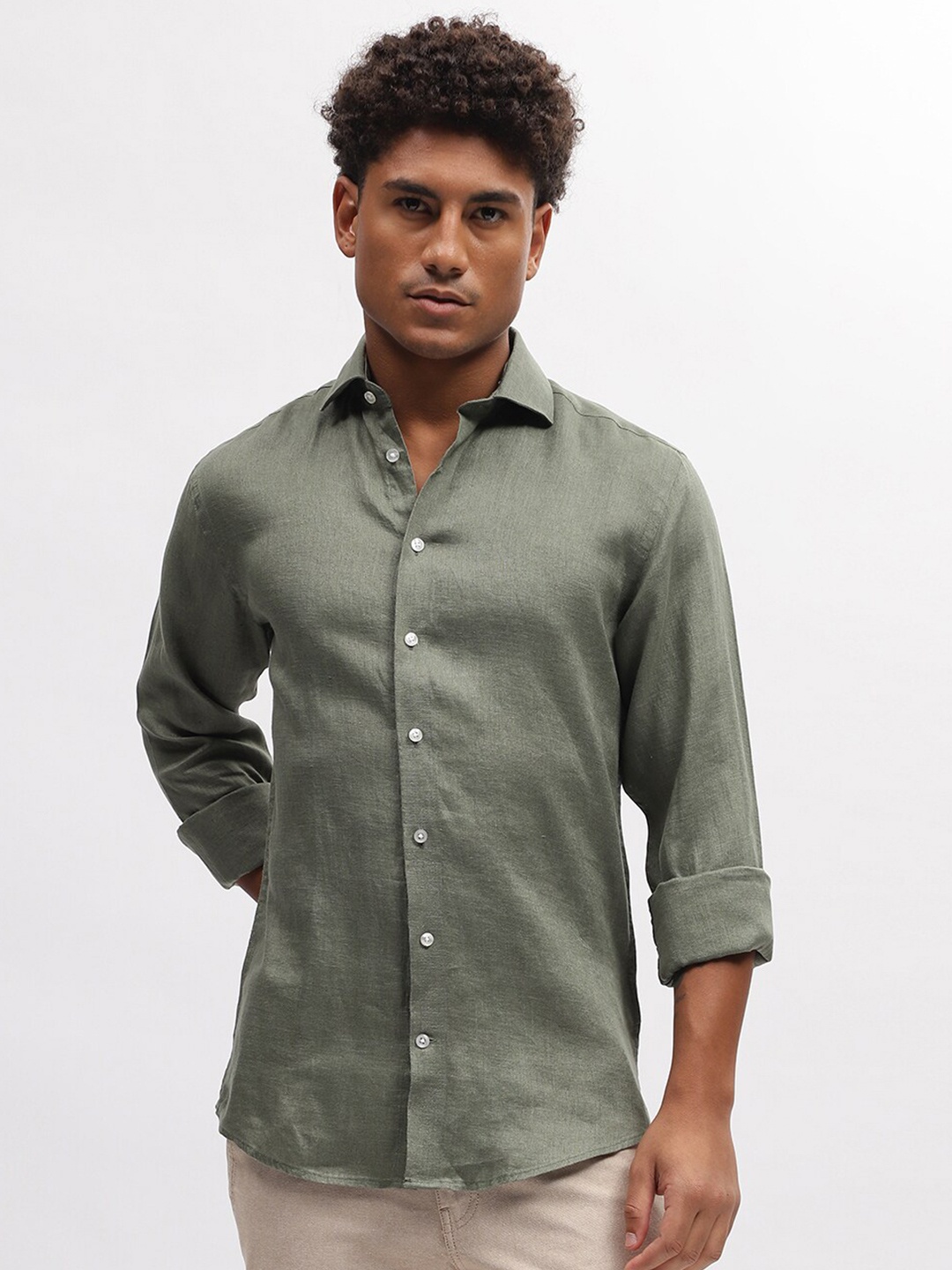 

Bruun & Stengade Slim Fit Cutaway Collar Casual Linen Shirt, Green