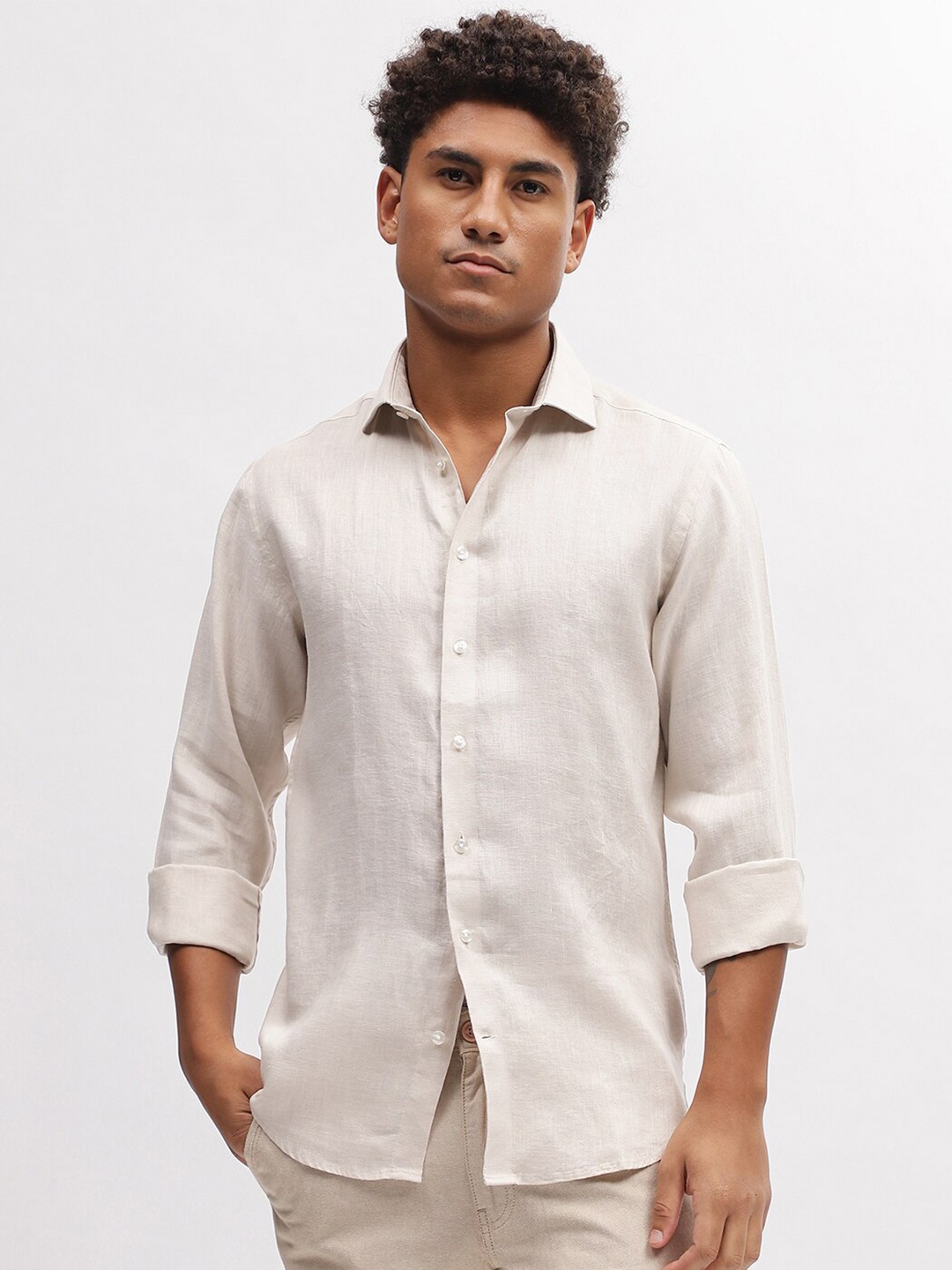 

Bruun & Stengade Slim Fit Cutaway Collar Casual Linen Shirt, Beige