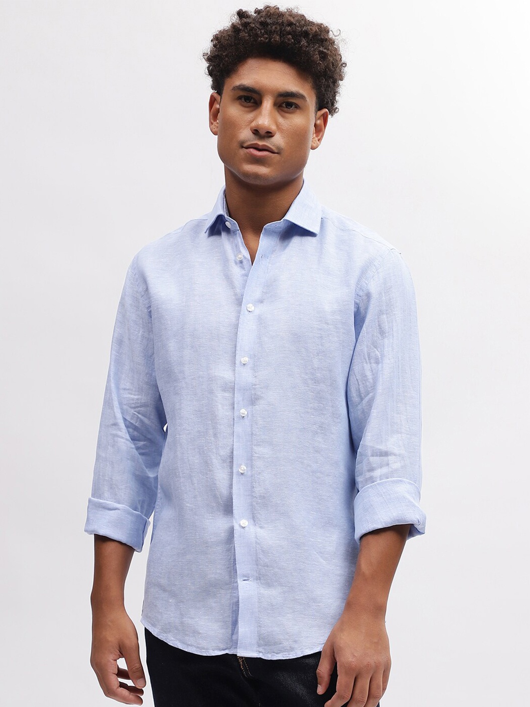 

Bruun & Stengade Slim Fit Cutaway Collar Casual Linen Shirt, Blue
