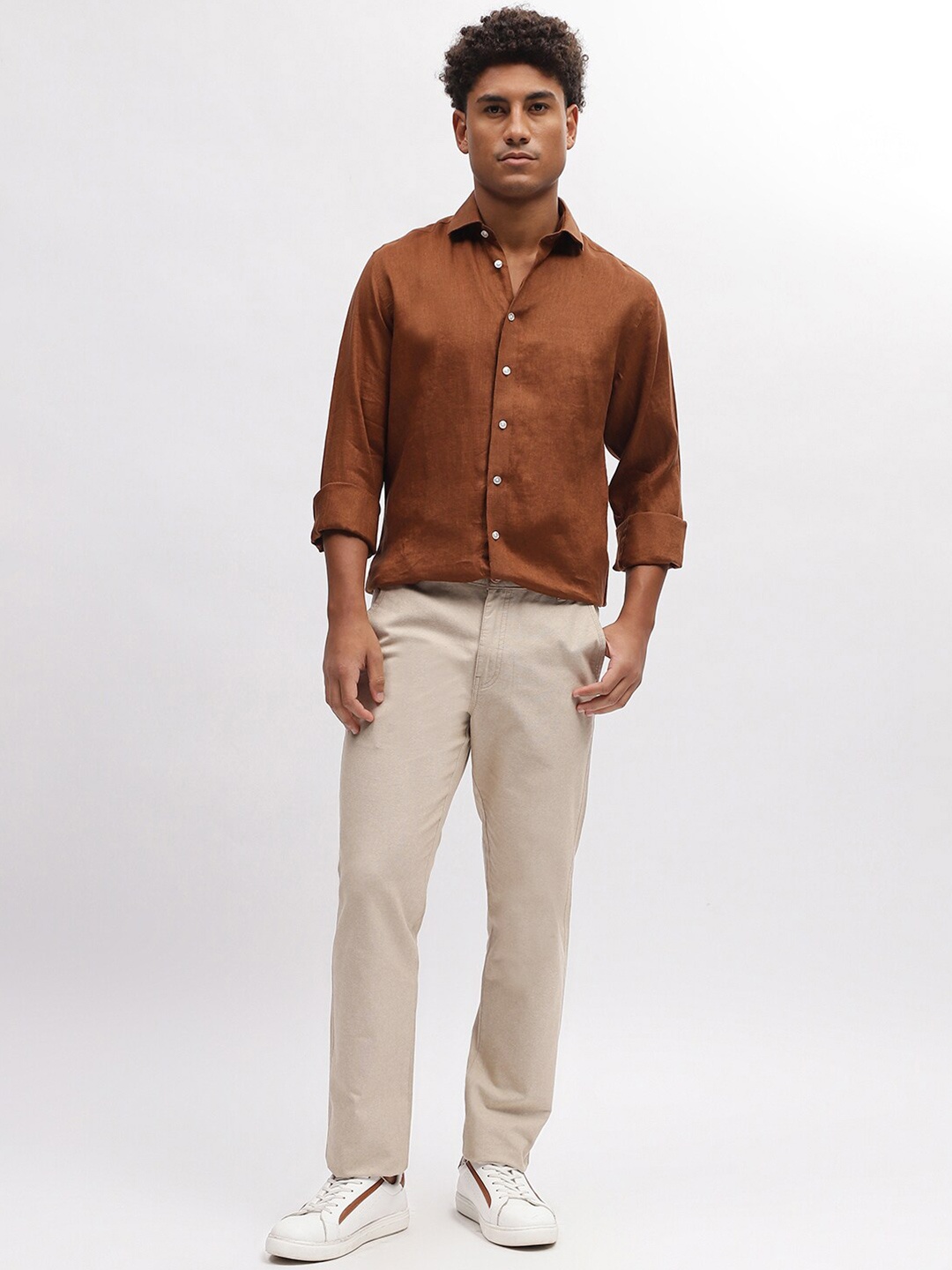 

Bruun & Stengade Slim Fit Cutaway Collar Casual Linen Shirt, Brown