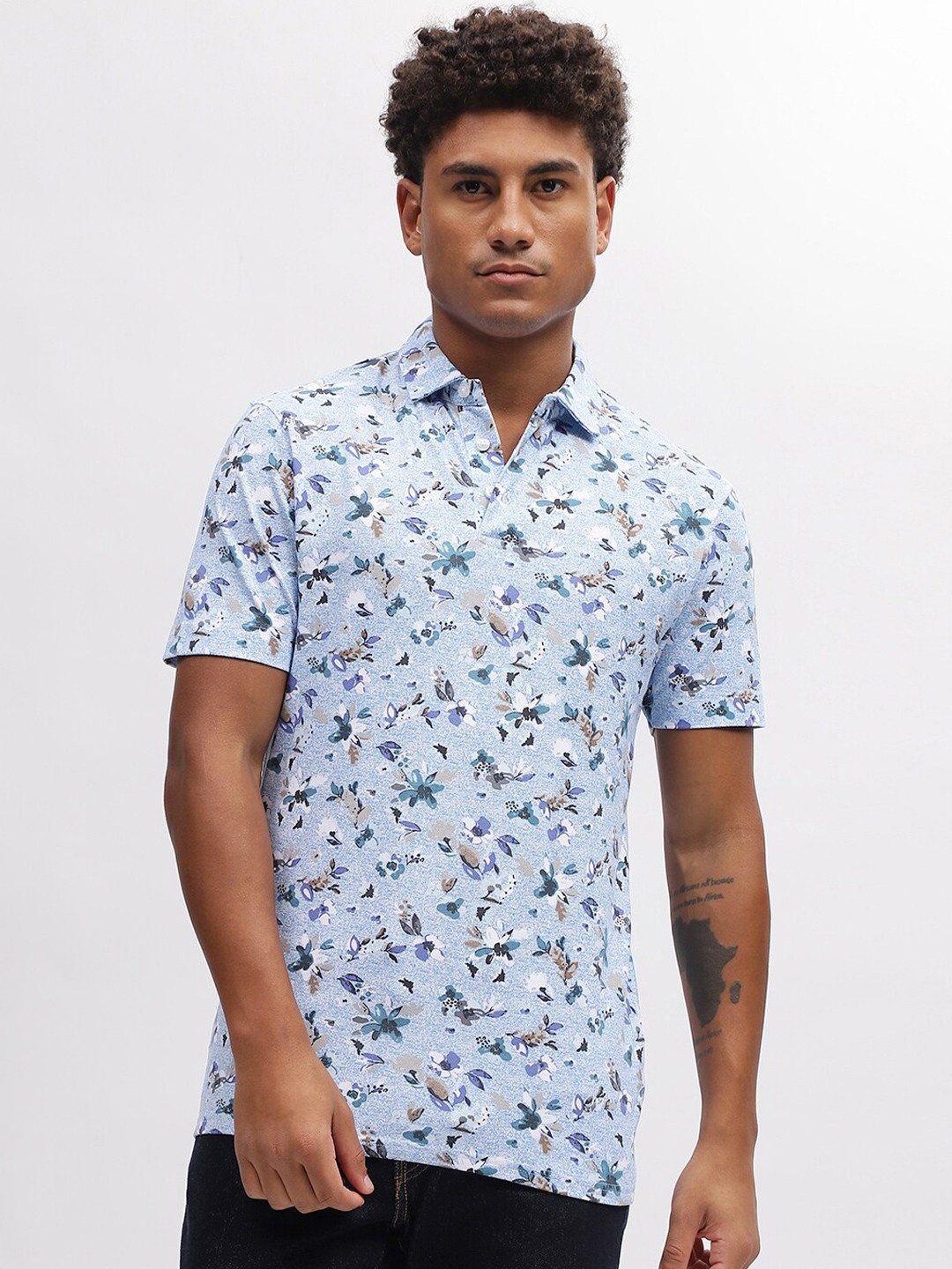 

Bruun & Stengade Floral Printed Polo Collar Short Sleeves T-shirt, Blue