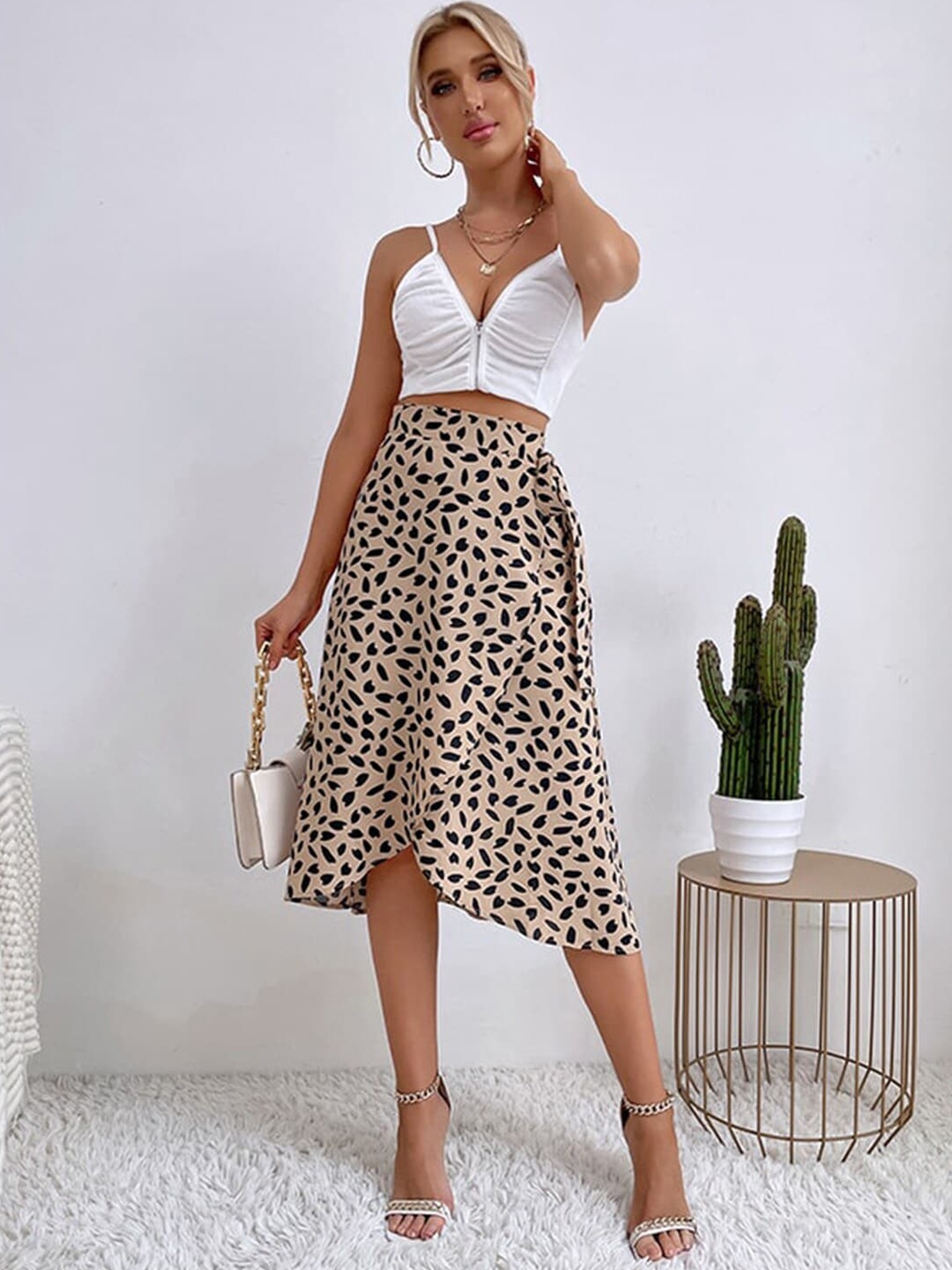 

StyleCast x Revolte Printed Wrap Midi Skirts, Beige