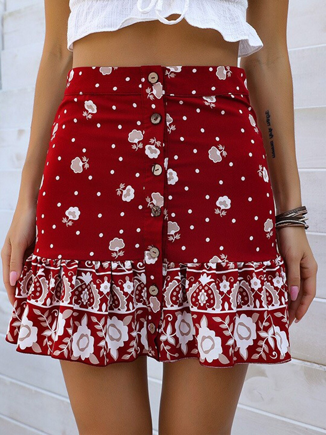 

StyleCast x Revolte Printed Flared Mini Skirts, Maroon