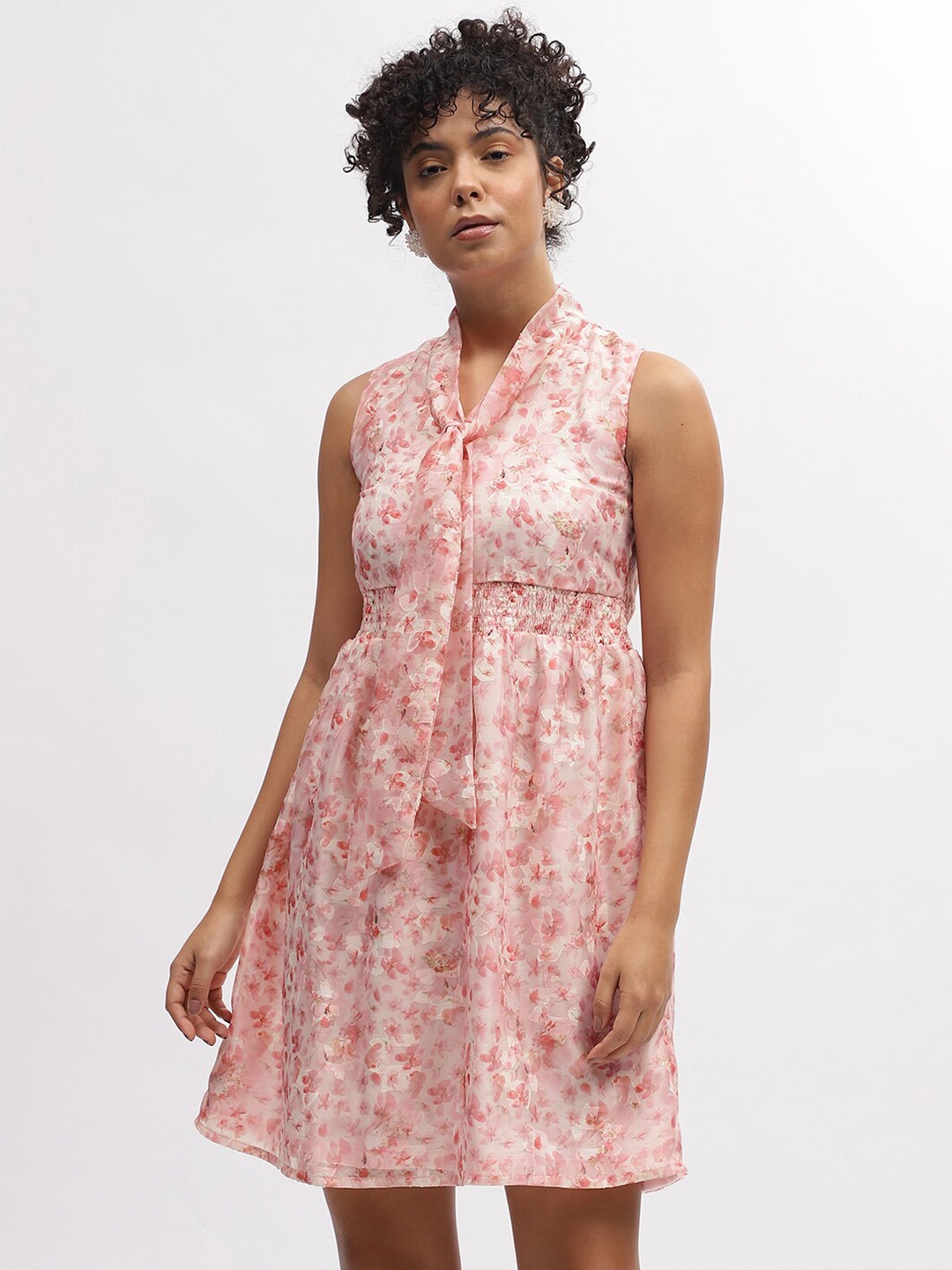 

CENTRESTAGE Tie Up Neck Sleeveless Floral Print Fit & Flare Dress, Rose