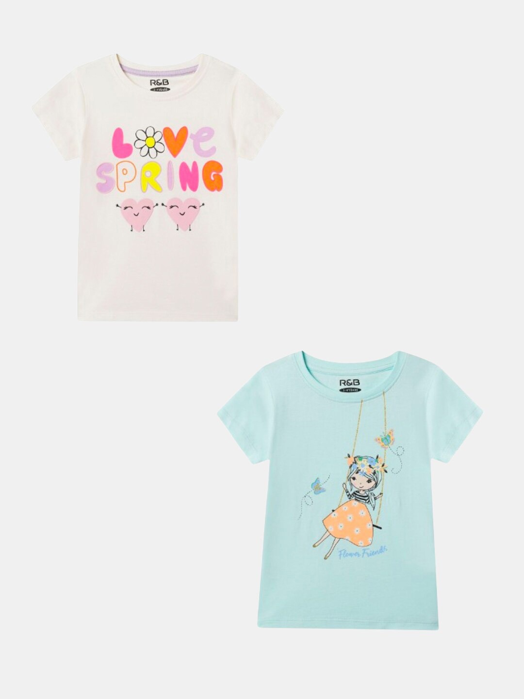 

R&B Girls Pack Of 2 Typography Printed Cotton T-shirts, Off white