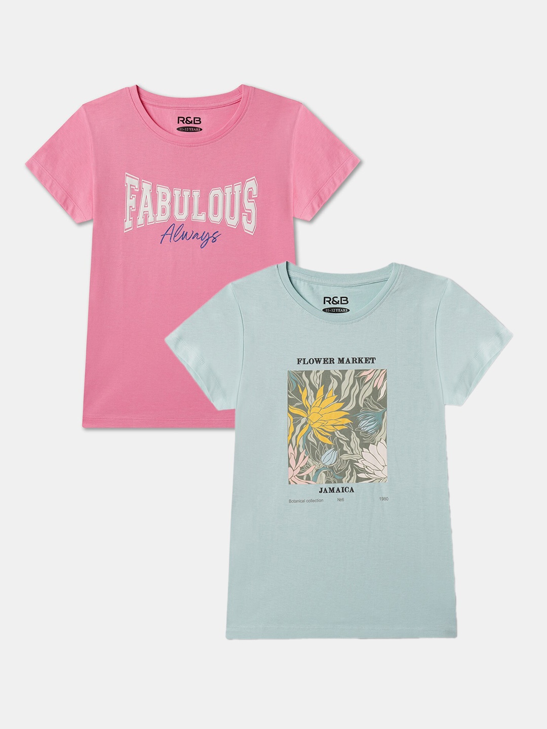

R&B Girls Pack Of 2 Typography Printed Round Neck Cotton T-shirts, Blue