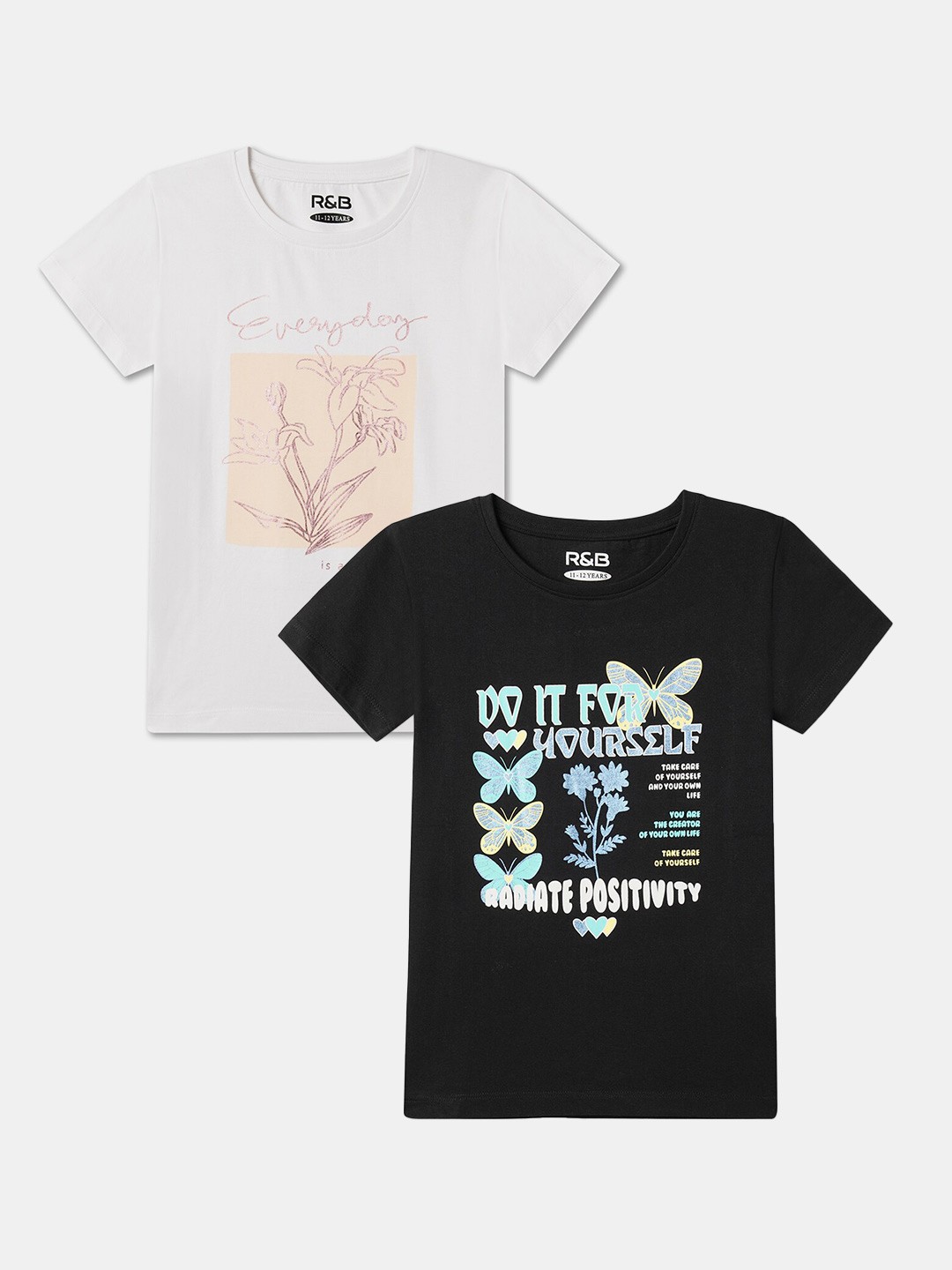 

R&B Girls Pack of 2 Graphic Printed Cotton Regular Fit T-shirts, Black