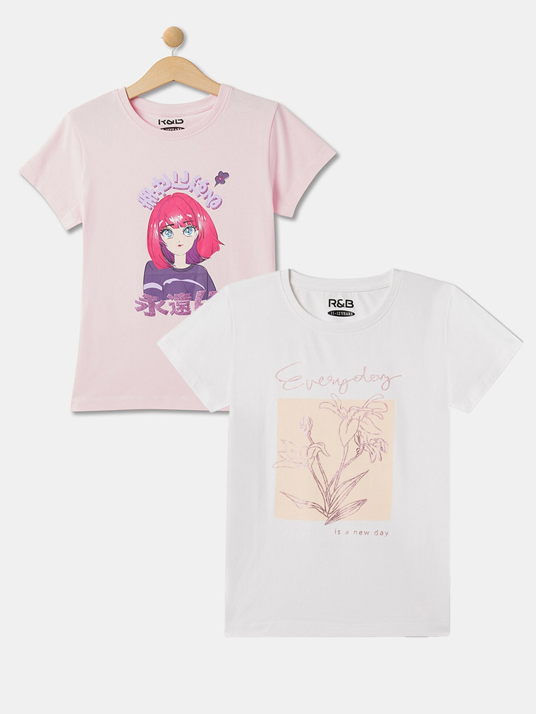 

R&B Girls Pack Of 2 Graphic Printed Cotton T-shirts, Pink