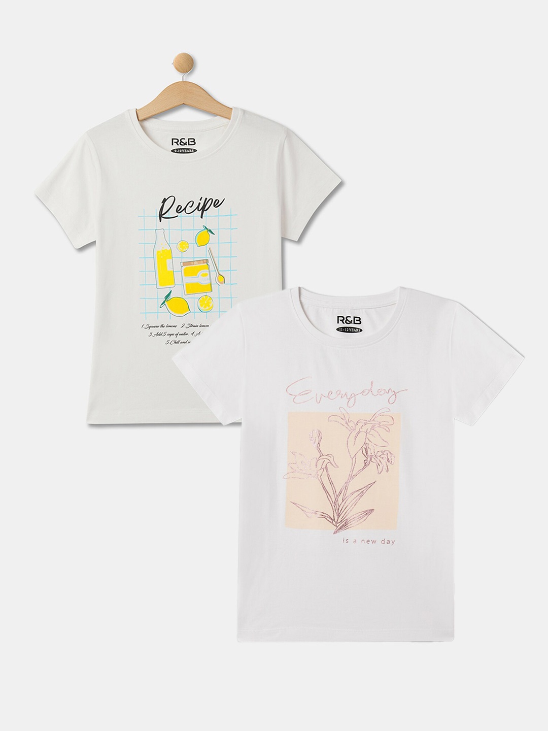 

R&B Girls Pack Of 2 Graphic Printed Round Neck Cotton Casual T-shirt, White