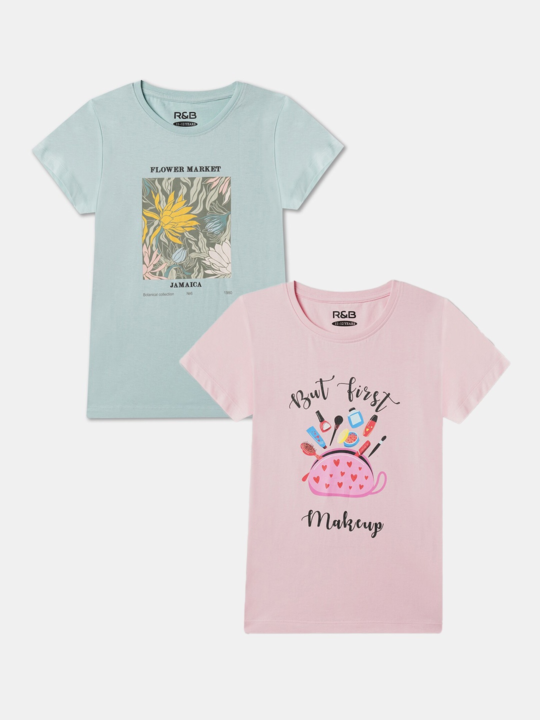 

R&B Girls Pack Of 2 Typography Printed Round Neck Cotton T-shirts, Blue