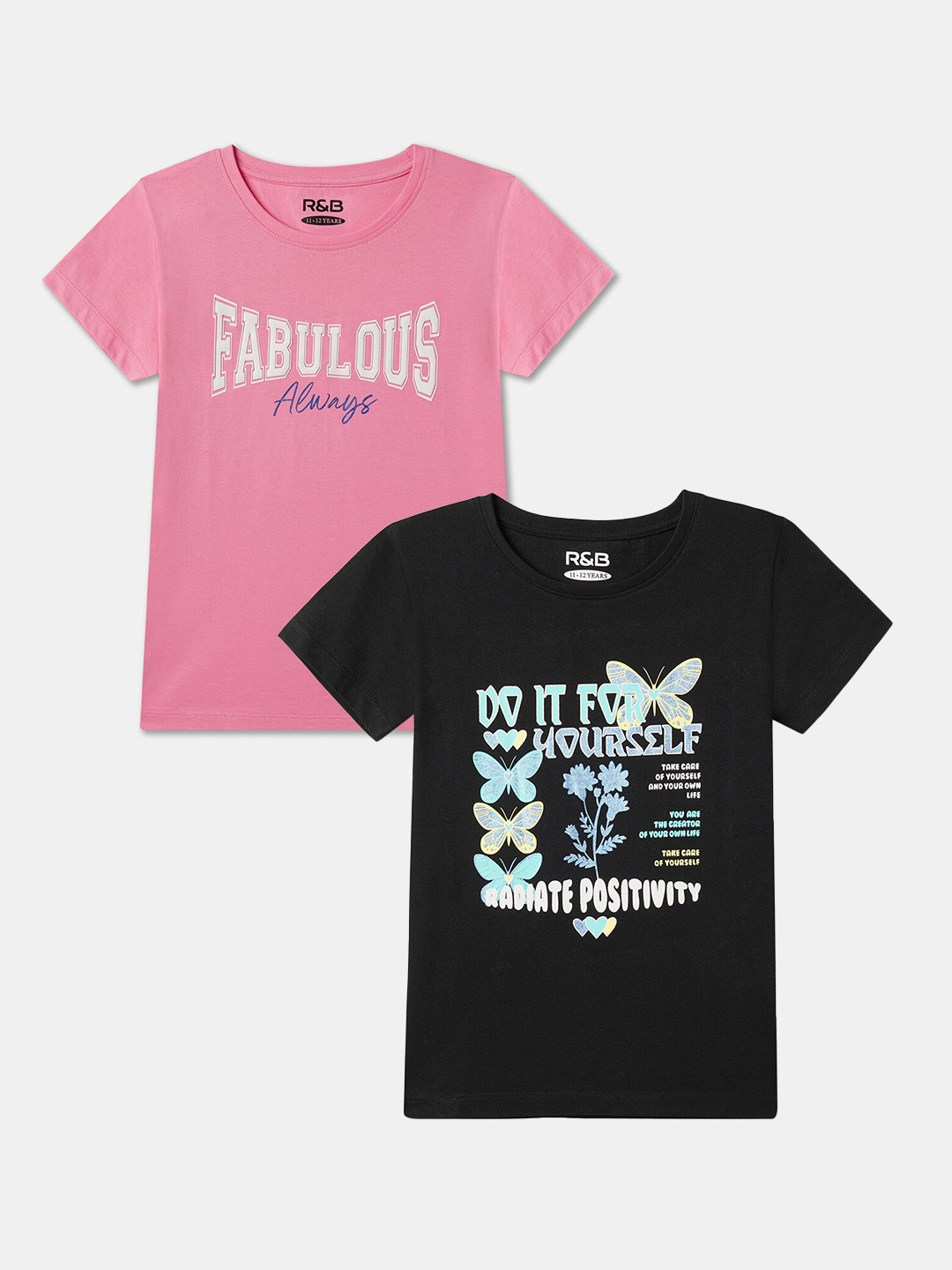 

R&B Girls Pack of 2 Typography Printed Cotton Regular Fit T-shirt, Pink