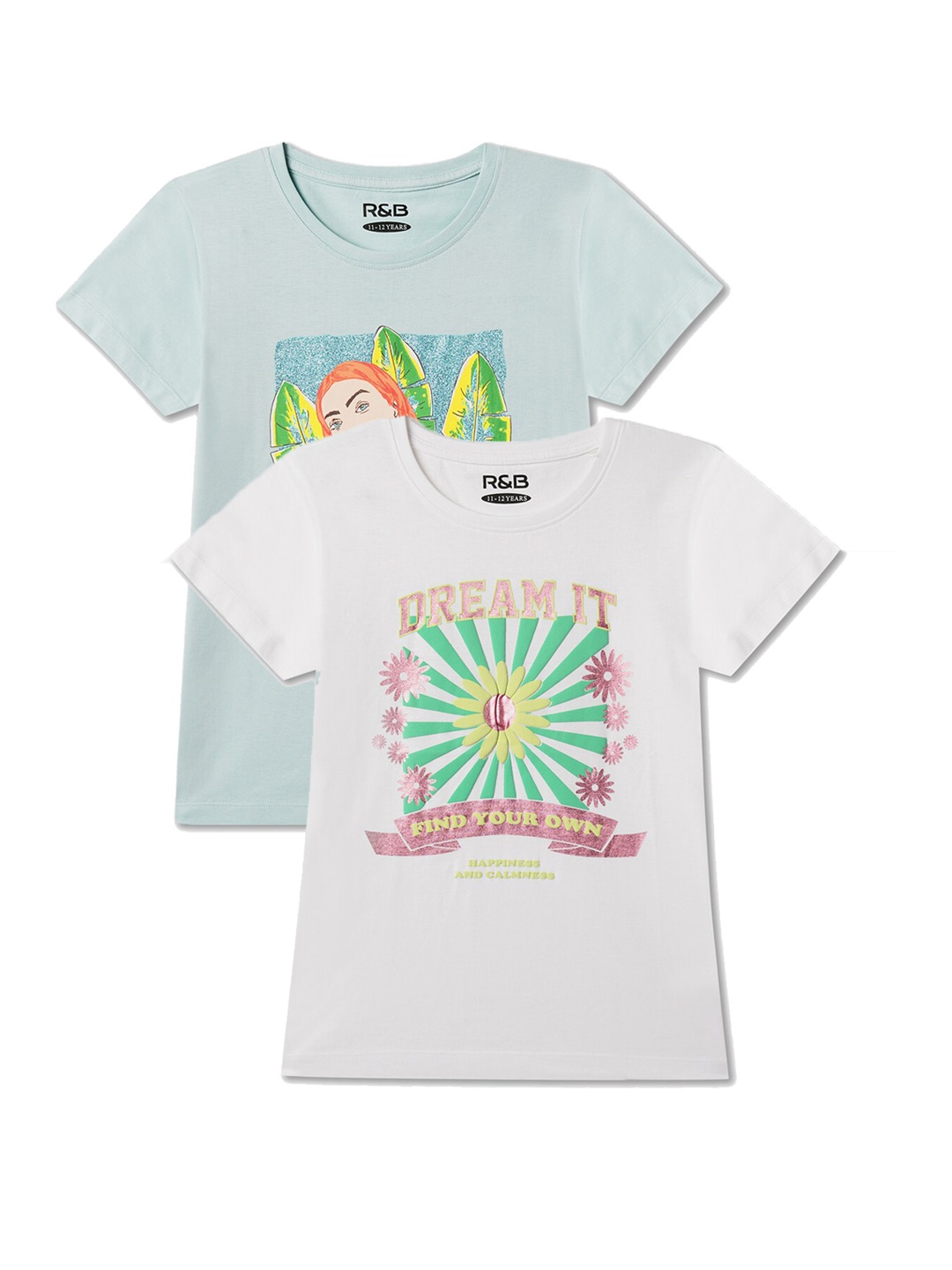 

R&B Girls Pack of 2 Printed Round Neck Short Sleeves Cotton T-shirt, White