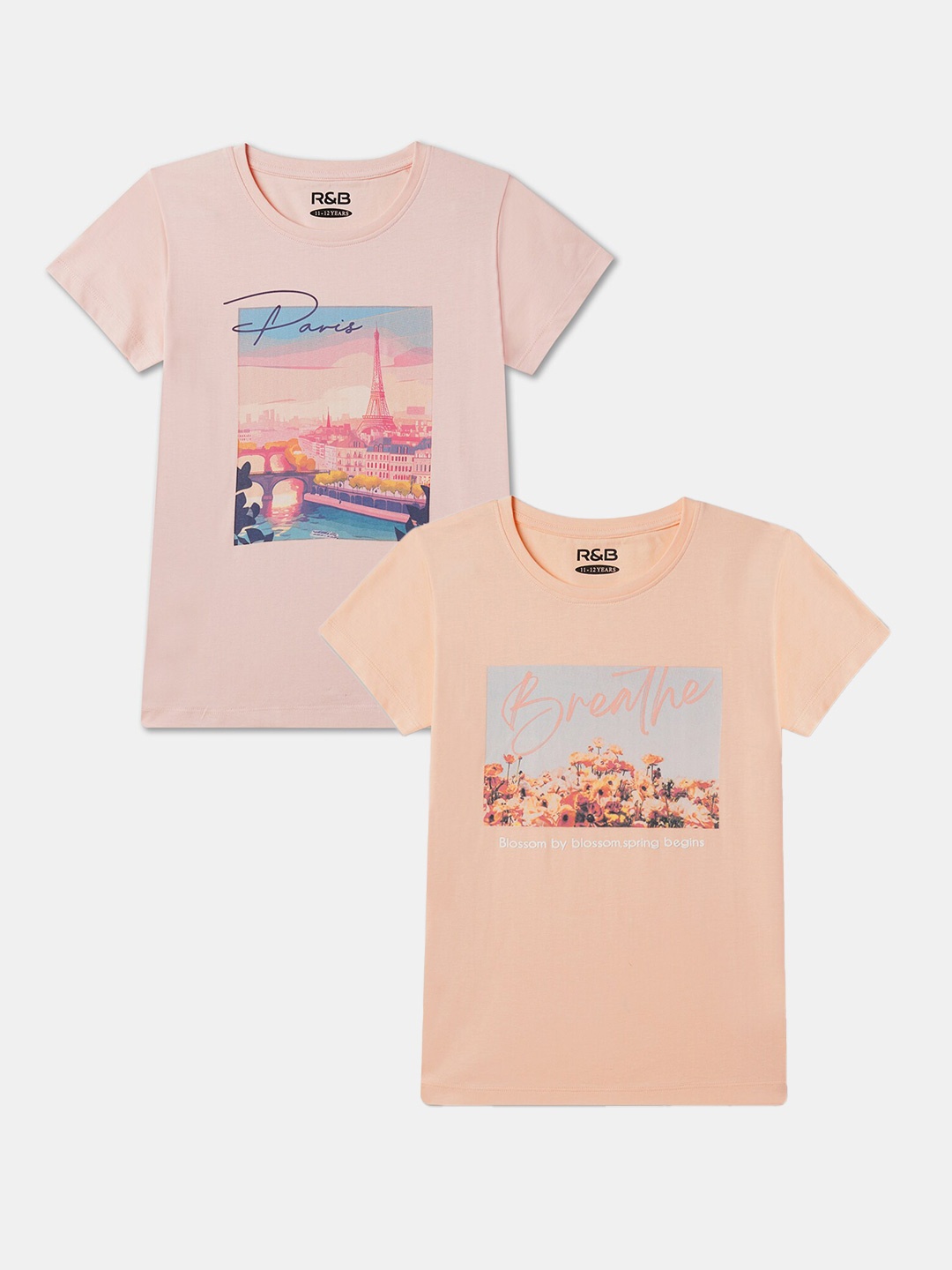 

R&B Girls Pack Of 2 Graphic Printed Round Neck Cotton T-shirts, Peach