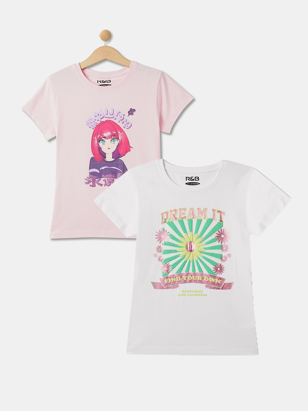 

R&B Girls Pack of 2 Round Neck Graphic Printed Cotton Regular Fit T-shirts, Pink