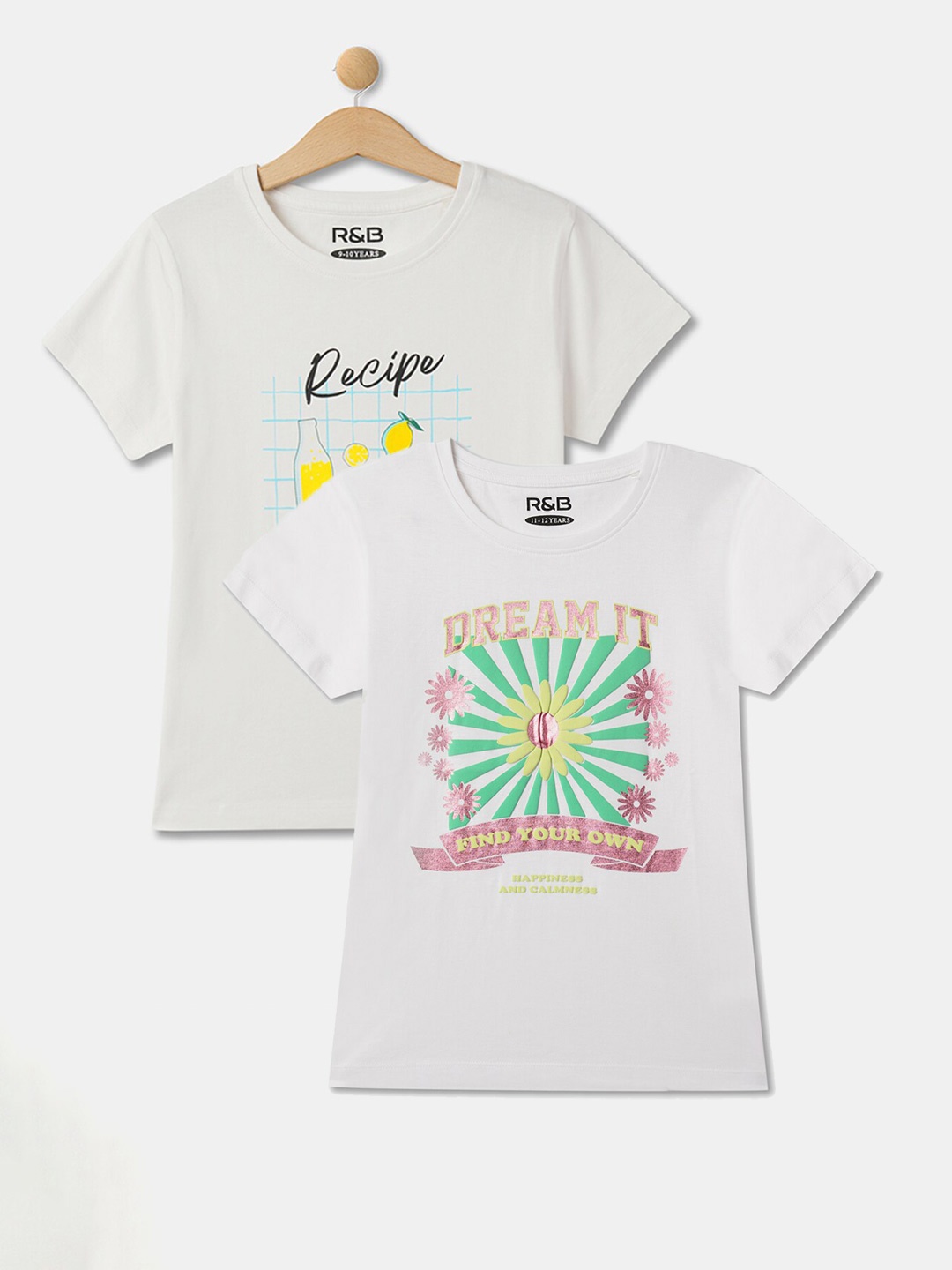 

R&B Girls Pack of 2 Graphic Printed Cotton T-shirt, Grey