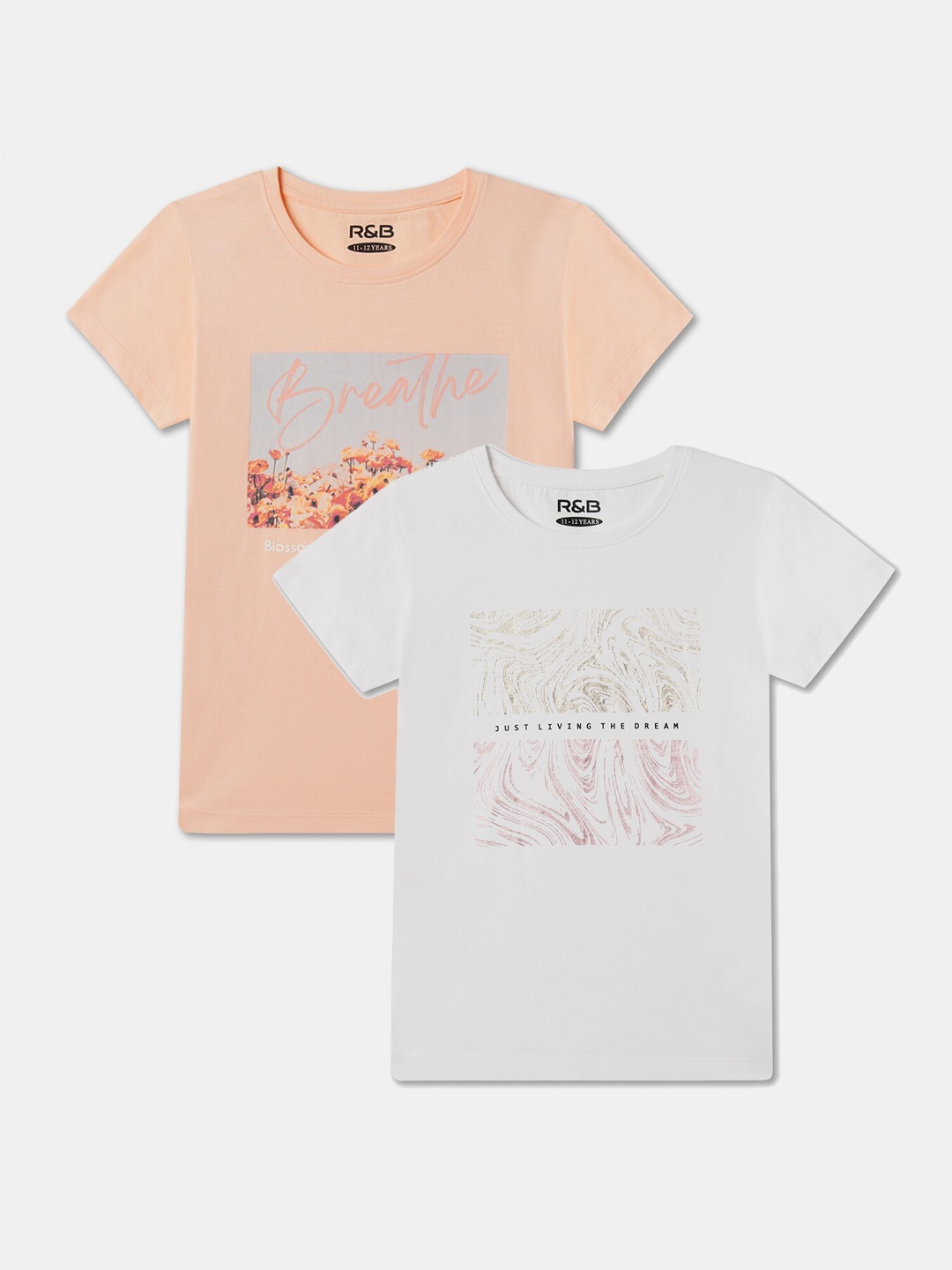

R&B Girls Pack Of 2 Typography Printed Round Neck Cotton T-shirts, Peach