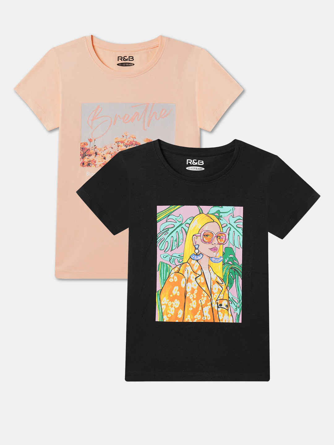 

R&B Girls Pack Of 2 Graphic Printed Cotton T-shirts, Peach