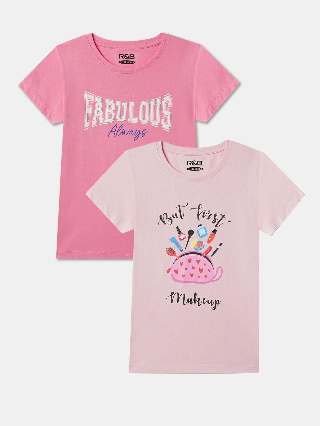 

R&B Girls Pack Of 2 Typography Printed Cotton T-shirts, Pink