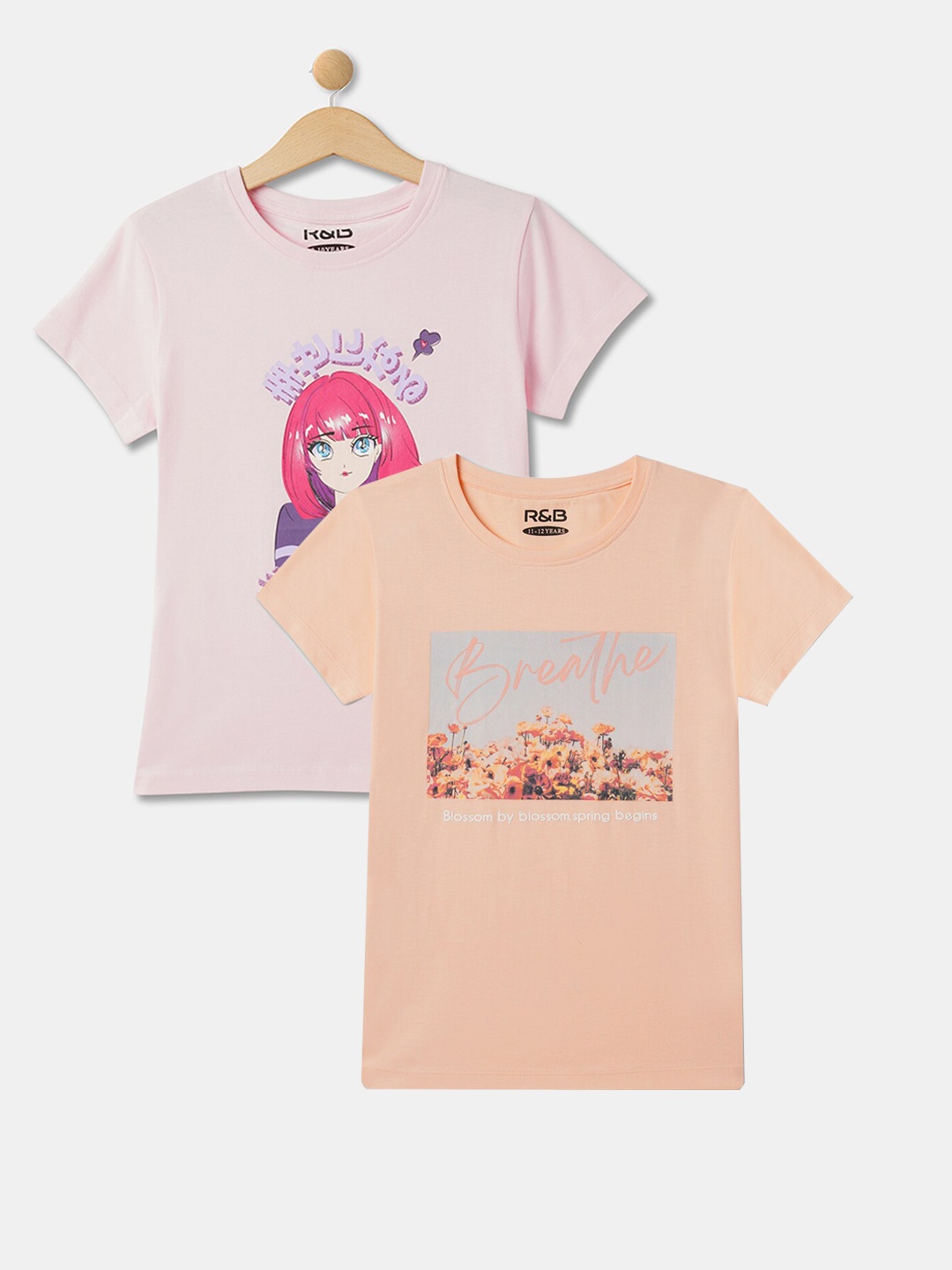 

R&B Girls Pack Of 2 Graphic Printed Cotton T-shirts, Pink