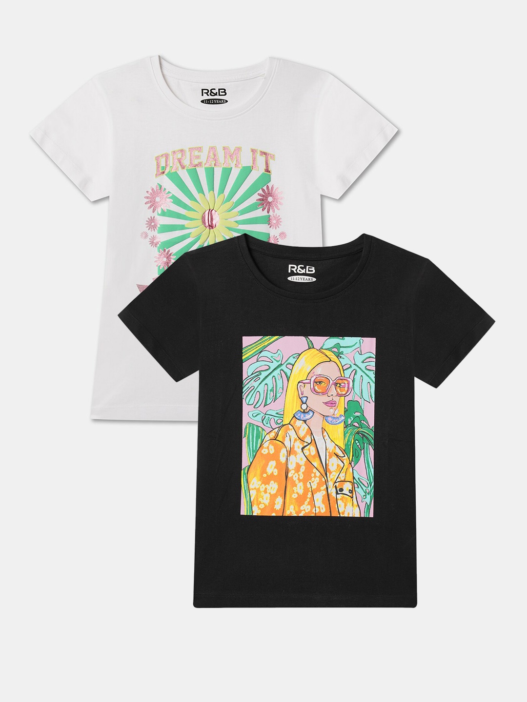 

R&B Girls Pack Of 2 Graphic Printed Round Neck Cotton T-shirts, Black