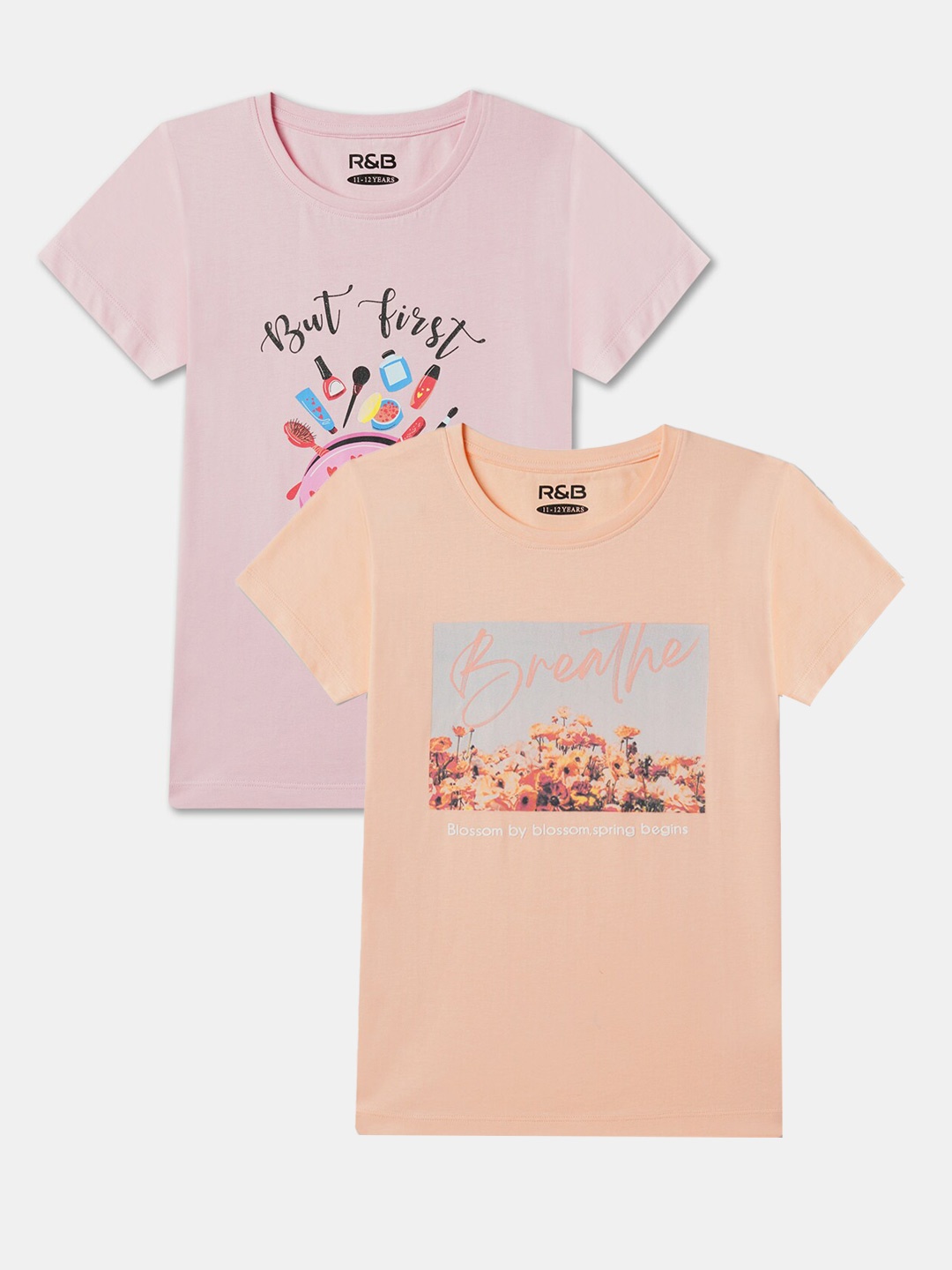 

R&B Girls Pack Of 2 Graphic Printed Round Neck Cotton Casual T-shirt, Pink