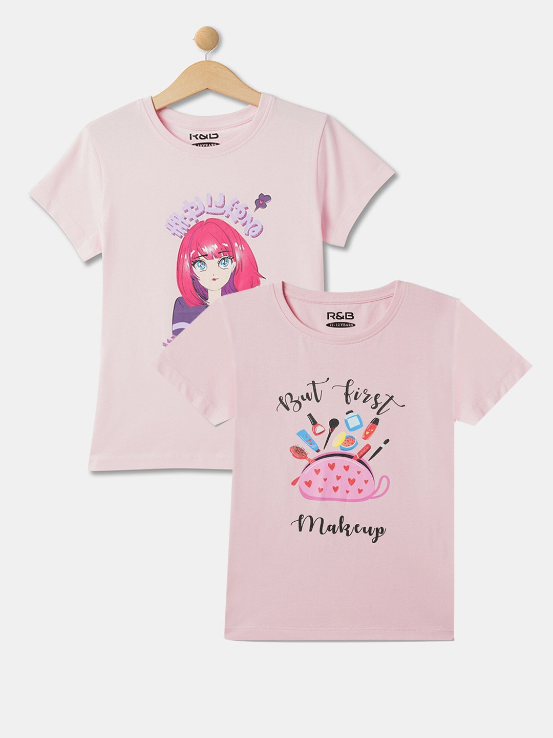 

R&B Girls Pack Of 2 Graphic Printed Round Neck Cotton T-shirt, Multi